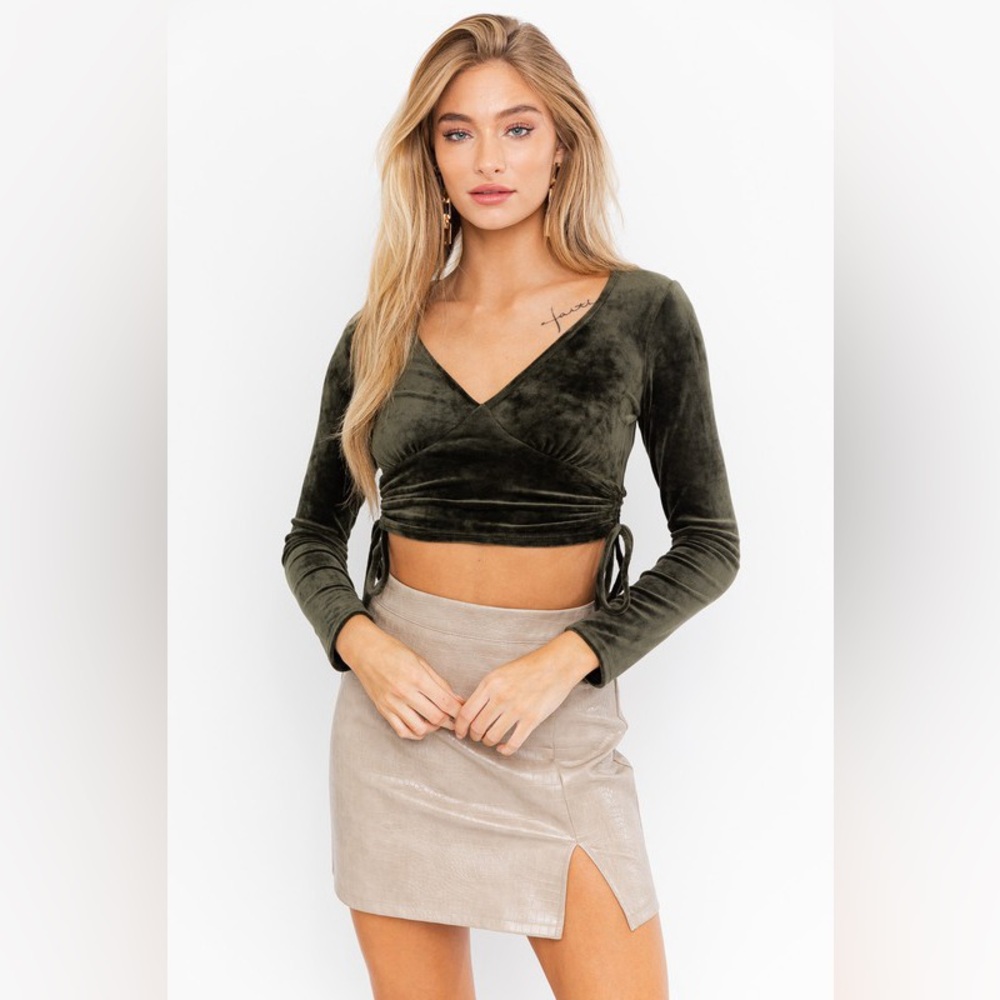 Velvet Wrap Long Sleeve V Neck Top